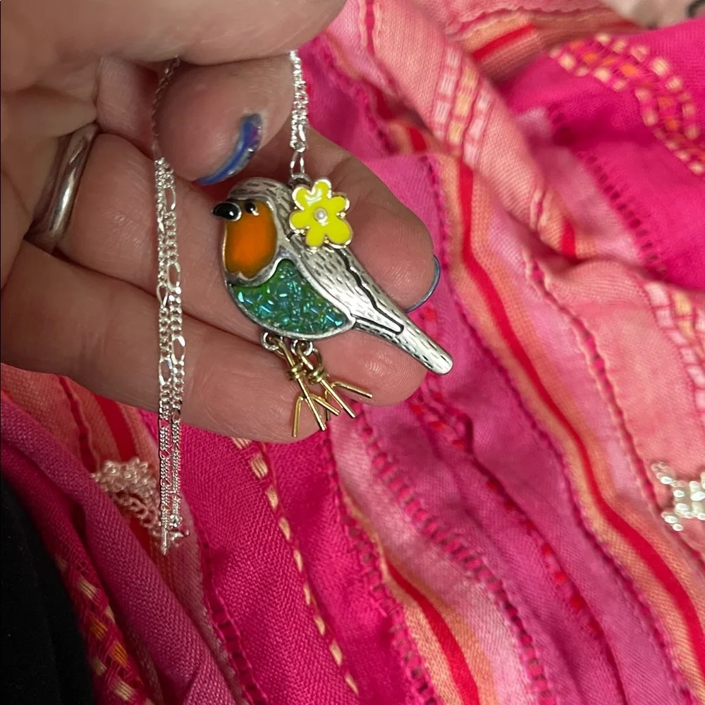 Bird Pendant Necklace in Orange, Green and Yellow - Pendant for Birds Category